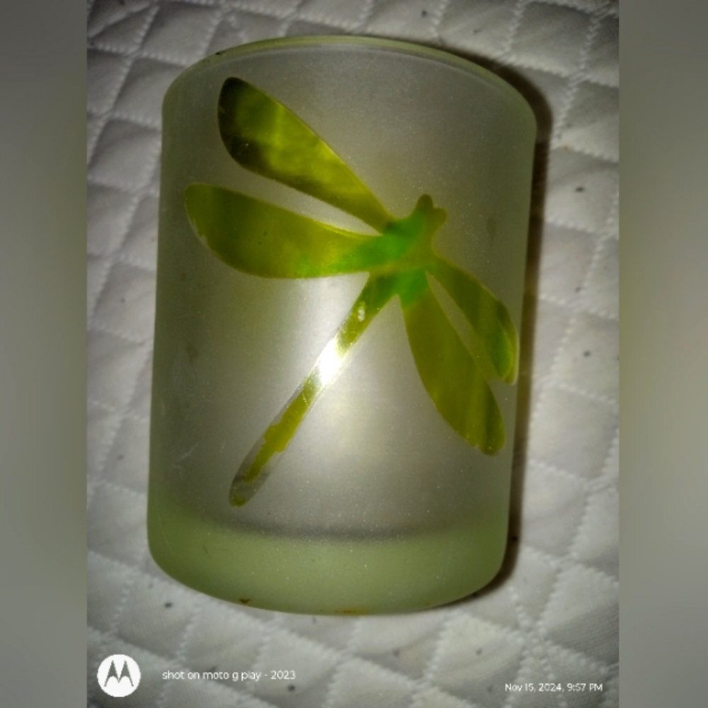 Green and white dragonfly votive cradle holder